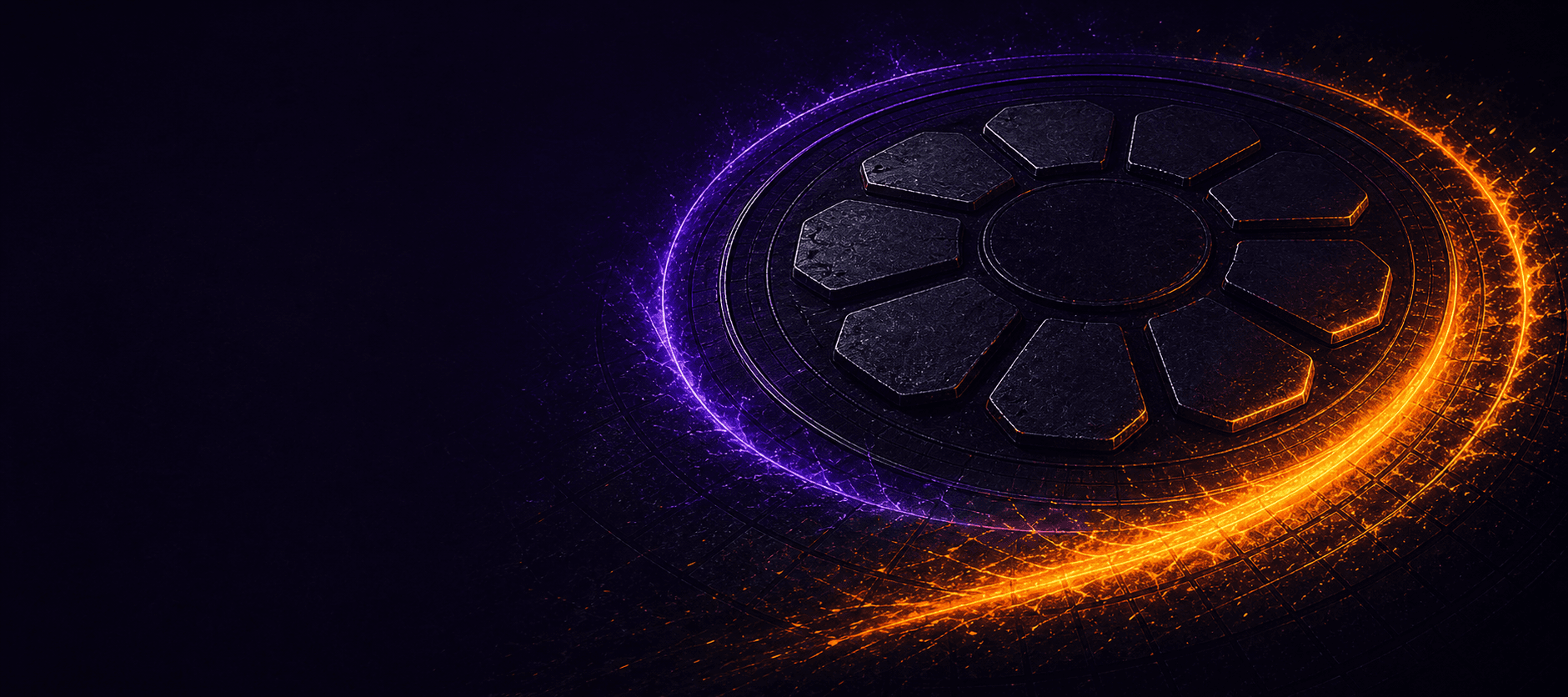 Nine obsidian sectors encircled by orange and ultraviolet countdown trails